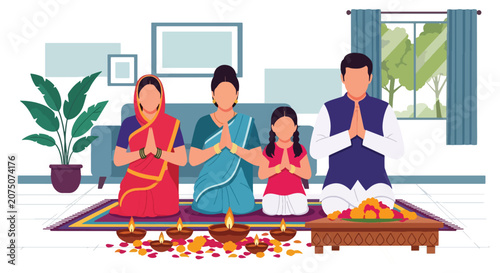 Canvastavla Flat style vector illustration of a Hindu family performing traditional home puja with sacred fire, diyas and prayer