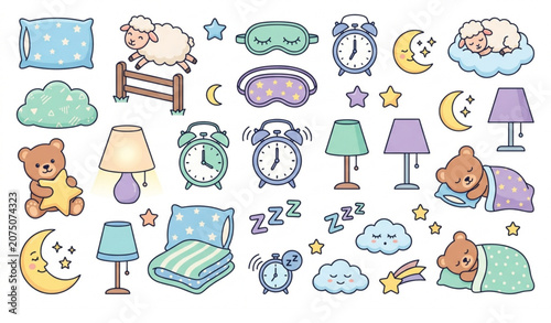 Εκτύπωση καμβά Bedtime Collection Vector EPS 10 Cute Sleep Essentials Cartoon Icons Isolated on