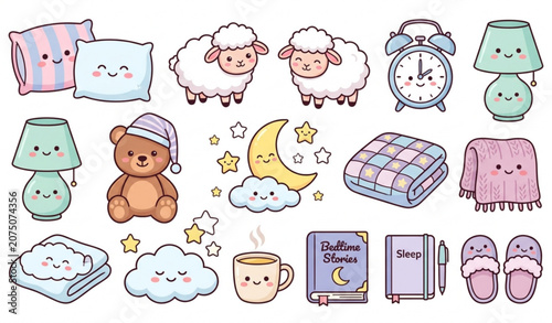 Photos Cute Sleep Essentials Vector Set EPS 10 Cartoon Bedtime Collection Isolated on W