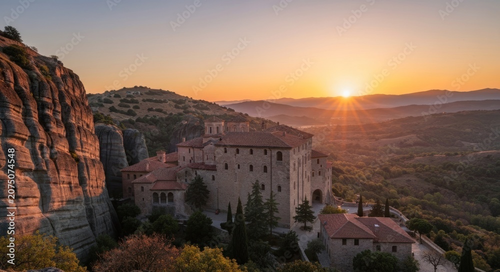 Fototapeta premium Ancient monastery perched atop rock formations at sunset with warm, golden light