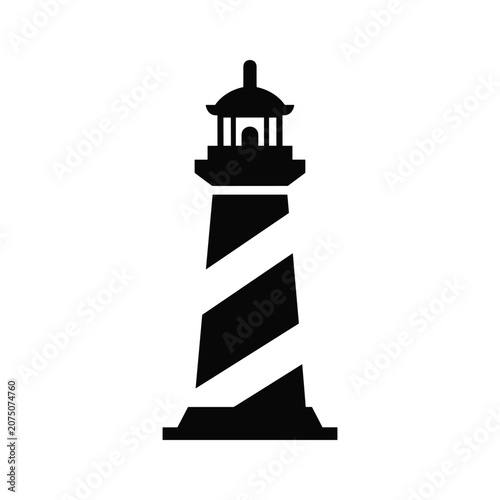 Minimalist black lighthouse silhouette icon for maritime navigation and coastal warning systems