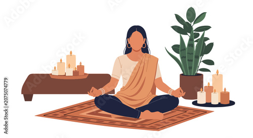 Flat style vector illustration of an Indian woman practicing meditation in a calm modern home interior. Perfect for yoga, wellness, mindfulness and healthy Indian lifestyle