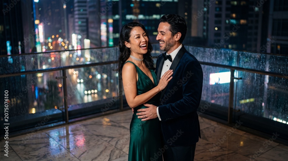 Fototapeta premium Elegant couple laughing during anniversary celebration on a rooftop at night.