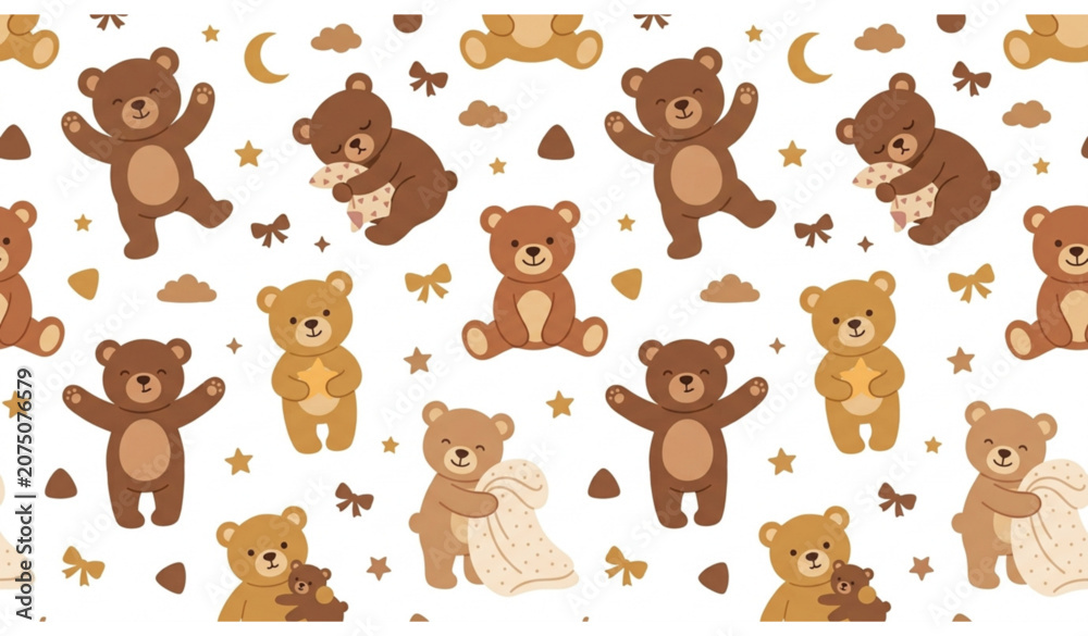 Obraz premium Cute Fluffy Teddy Bear Doll Seamless Pattern Vector for Baby Nursery Textile Background