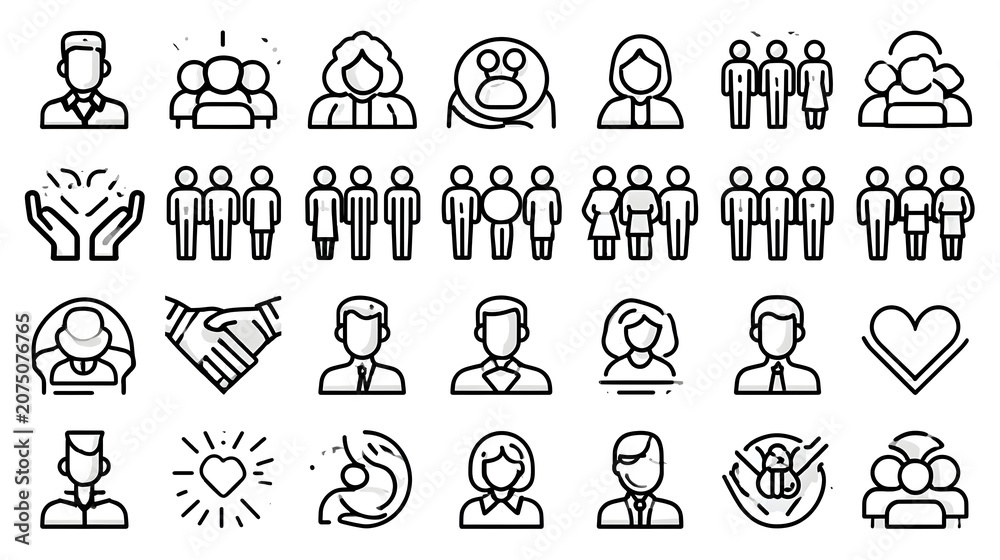 Fototapeta premium Community and society icon set. People, diversity, inclusion, teamwork, social support, equality, family, nonprofit icons. Thin line editable stroke vector illustrations. Stock Vector
