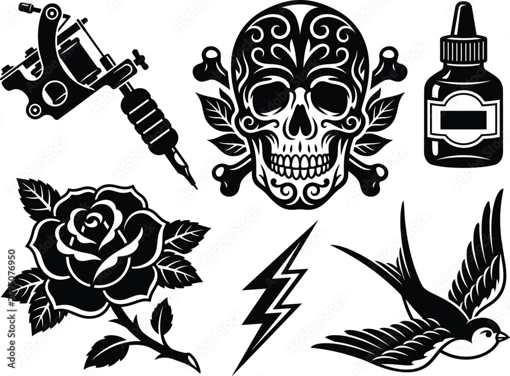 Fototapeta premium Black and white tattoo designs with skull, rose, bird, and tattoo machine