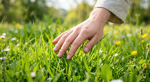A person's hand gently touching fresh grass in a sunny meadow