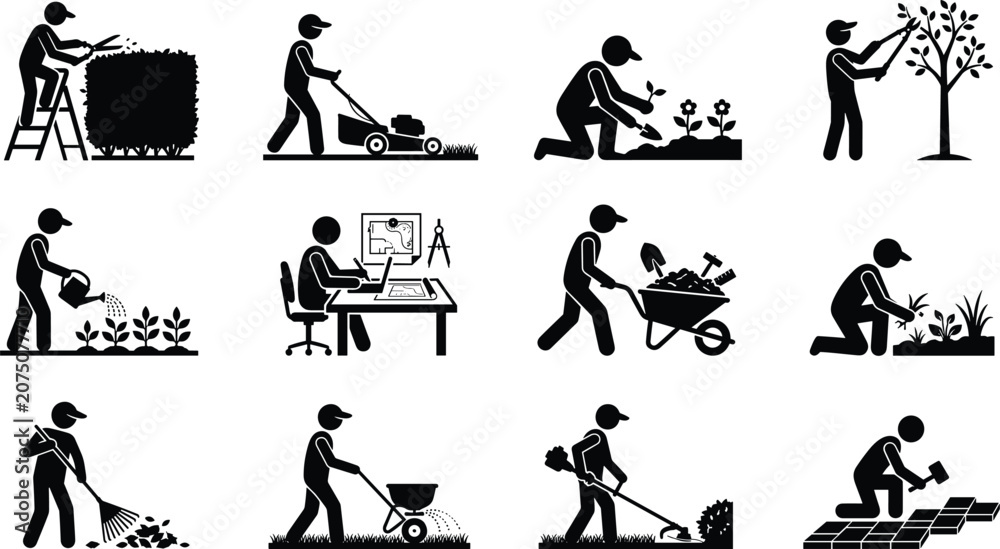 Obraz premium Set of black space silhouettes and astronomy vector illustrations featuring an astronaut walking on the moon, launching rockets, satellites, a planetary rover, and alien UFO encounters for image
