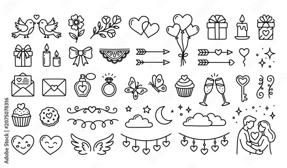 Obraz premium Romantic Valentine Outline Doodle Clipart Collection with Hearts Flowers and Love Icons Vector
