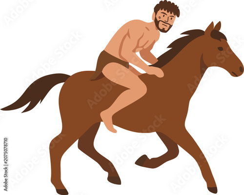 Foto primitive shirtless man riding a galloping brown fast horse