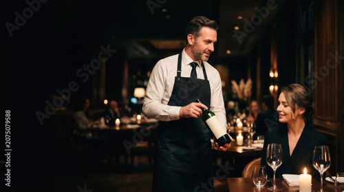 Elegant Waiter Serving Wine Smiling Woman Cozy Restaurant