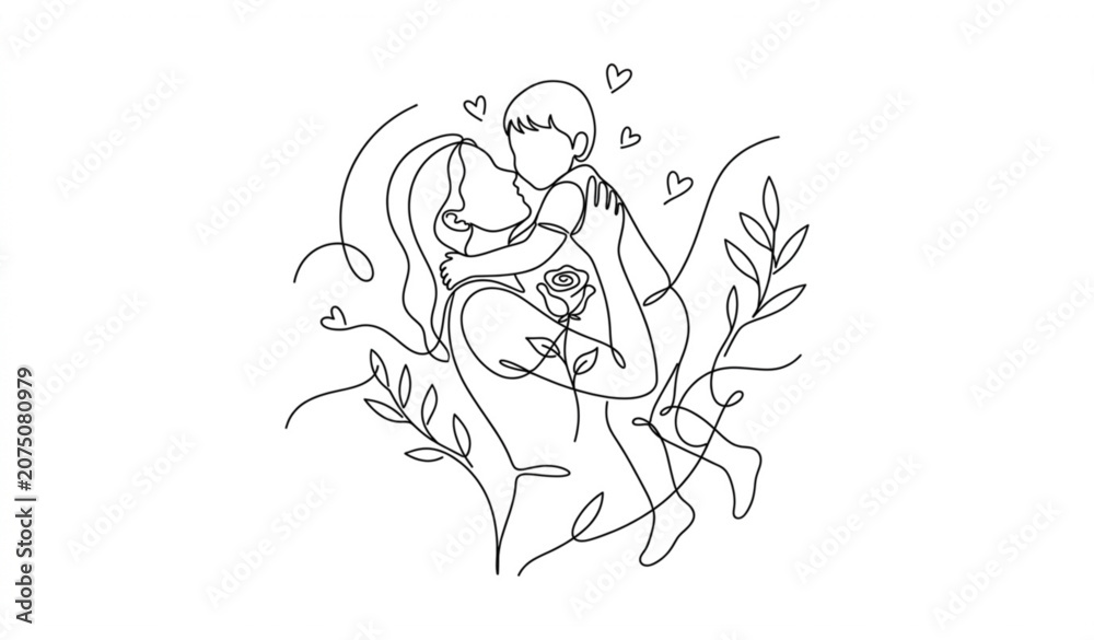 Obraz premium Elegant Mother and Child Line Art with Rose Hand Drawn Vector for Mothers Day