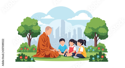 Flat style vector illustration of Buddhist monk teaching children outdoors in a peaceful park setting. Perfect for education, spiritual learning, culture and community programs