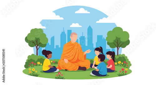 Flat style vector illustration of Buddhist monk teaching children outdoors in a peaceful park setting. Perfect for education, spiritual learning, culture and community programs