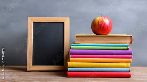 Colorful books with apple and chalkboard on wooden desk for education