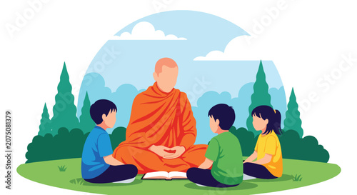 Flat style vector illustration of Buddhist monk teaching children outdoors in a peaceful park setting. Perfect for education, spiritual learning, culture and community programs