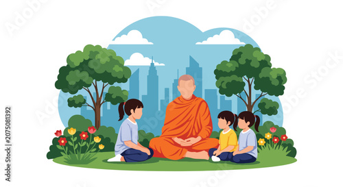 Flat style vector illustration of Buddhist monk teaching children outdoors in a peaceful park setting. Perfect for education, spiritual learning, culture and community programs