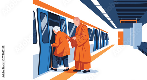 Canvastavla Flat style vector illustration of Buddhist monk helping an elderly passenger safely board a modern train