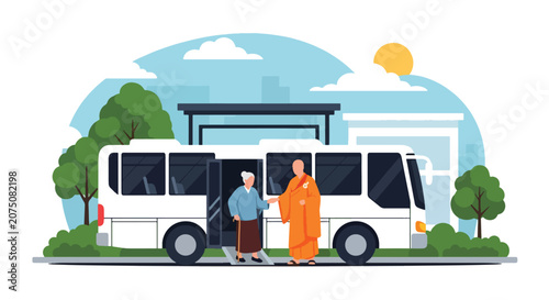 Konstfotografi Flat style vector illustration of Buddhist monk helping an elderly passenger safely board a public bus