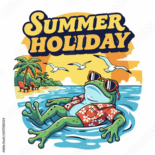 Summer Holiday Frog Floating in Ocean Tropical Beach Sunset Illustration