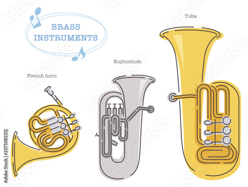Collection of brass instruments, french horn, euphonium, tuba. Vector illustration in line drawing, isolated on white background.