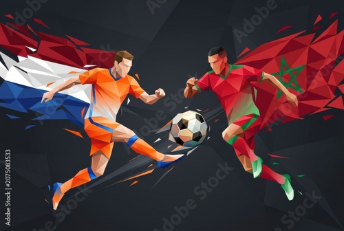 Netherlands Morocco Soccer Players Action Low Poly World Cup