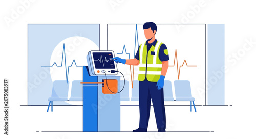 Paramedic monitors patient on ventilator with cardiac monitor in hospital waiting room