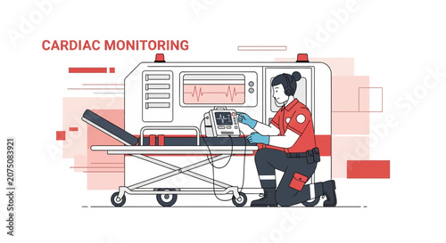 Paramedic Monitors Patient Vital Signs in Ambulance with Cardiac Monitoring Equipment