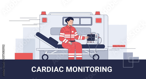 Paramedic Monitors Patient's Heart Rate in Ambulance with Cardiac Monitoring Equipment