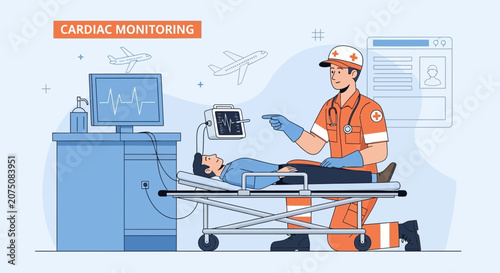 Paramedic Monitors Patient's Heart Rate on Cardiac Monitor in Hospital Room