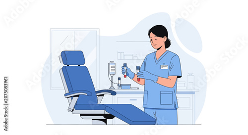 Nurse prepares medical equipment for patient care in a clinic examination room.
