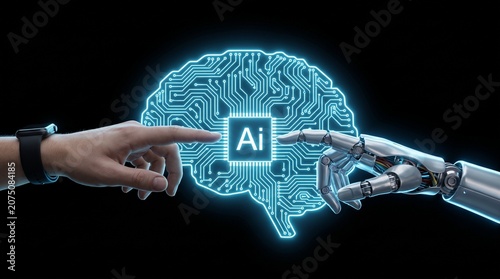 Human hand and robotic hand touching a glowing digital brain circuit board symbolizing artificial intelligence collaboration