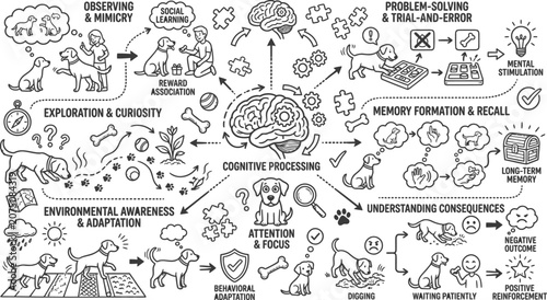 Dog cognitive processing map details complex learning stages and problem solving abilities through a series of illustrated diagrams featuring memory recall and sensory adaptation for pet owners.
