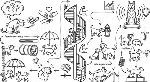 Dog training diagram displays various behavioral development stages in a clean black and white line art style that provides helpful conceptual guidance for pet owners navigating daily canine.