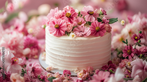 Elegant Naked Wedding Cake Decorated with Pink Roses and Fresh Flowers