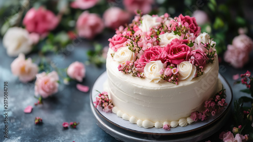 Elegant Naked Wedding Cake Decorated with Pink Roses and Fresh Flowers