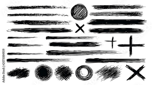 Hand Drawn Marker Underline and Strikethrough Strokes Collection. Black Ink Scribble Lines, Circle Highlights, Cross Marks and Brush Emphasis Elements. Vector Illustration Stock Vector