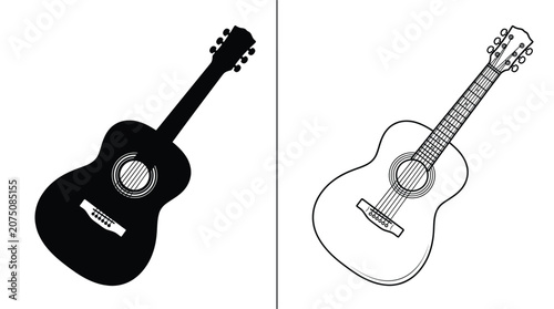 Guitars Set with Black Silhouette and Outline Line Art Styles for Musical Instrument Concept Designs