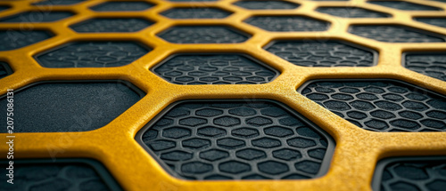 Detailed abstract geometric pattern: a yellow hexagonal grid layered over dark textured panels, some with honeycomb mesh