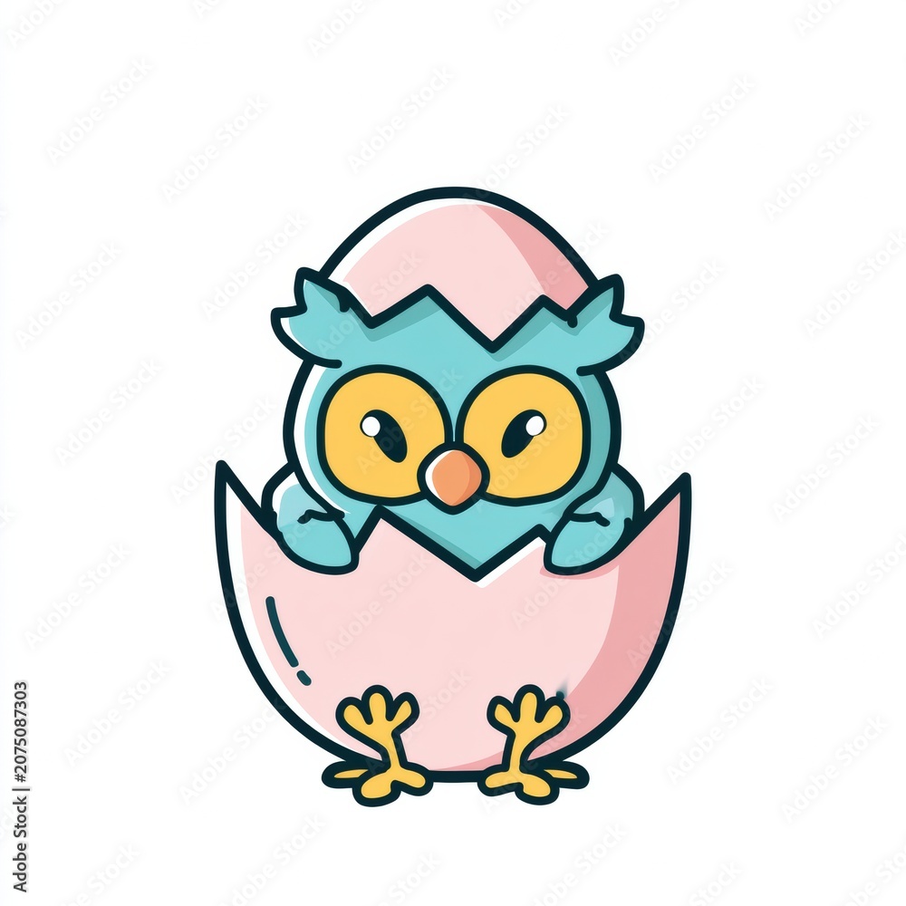 Fototapeta premium A baby owl chick emerges from a pink egg in a bright and cheerful spring scene perfect for Easter festivities, showcasing vibrant colors