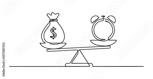 Continuous line drawing of a balance scale with money bag and clock business investment