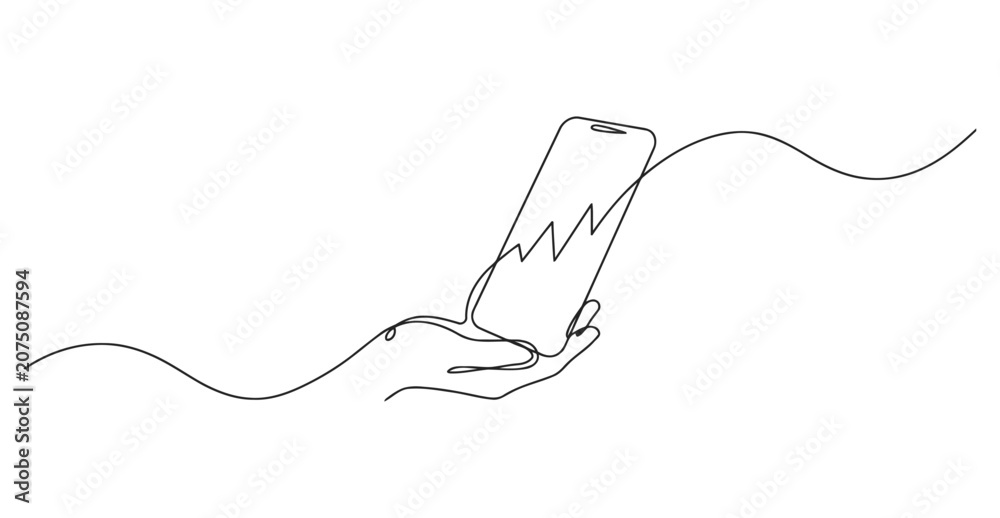 Obraz premium Continuous line art of a hand holding a cracked smartphone screen with smartphone