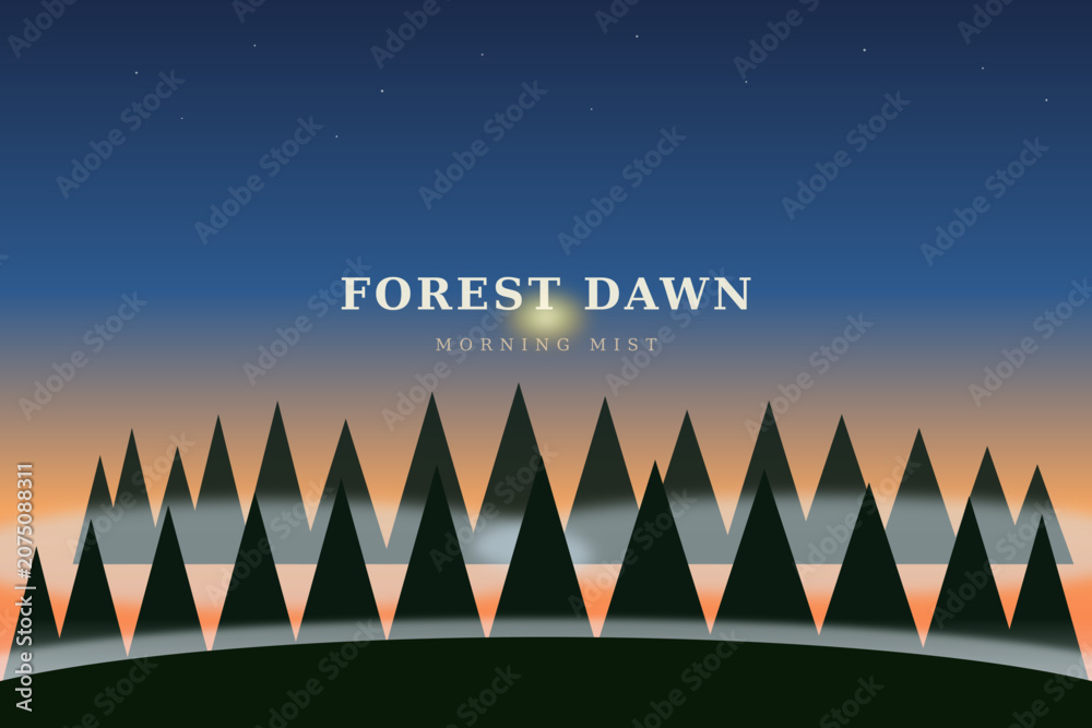 Obraz premium Dawn breaks over misty forest with triangular trees at sunrise