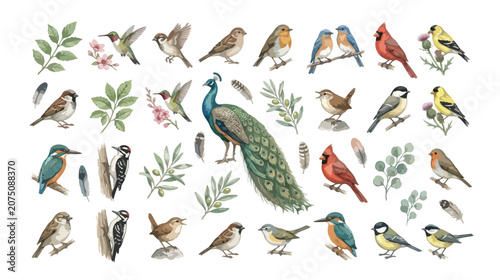 Foto Watercolor bird illustrations set, vintage garden songbirds and peacock vector c
