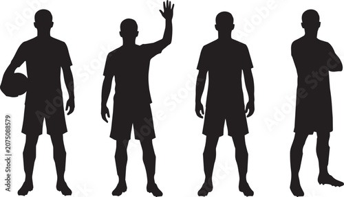 Canvas-taulu Silhouette Collection of Soccer Players Standing in Team Poses

Black silhouette collection of four soccer players standing in relaxed team poses, including holding a soccer ball, waving, standing