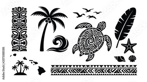 Fotografía Polynesian tribal tattoo vector set, black Hawaiian cultural symbols with sea tu