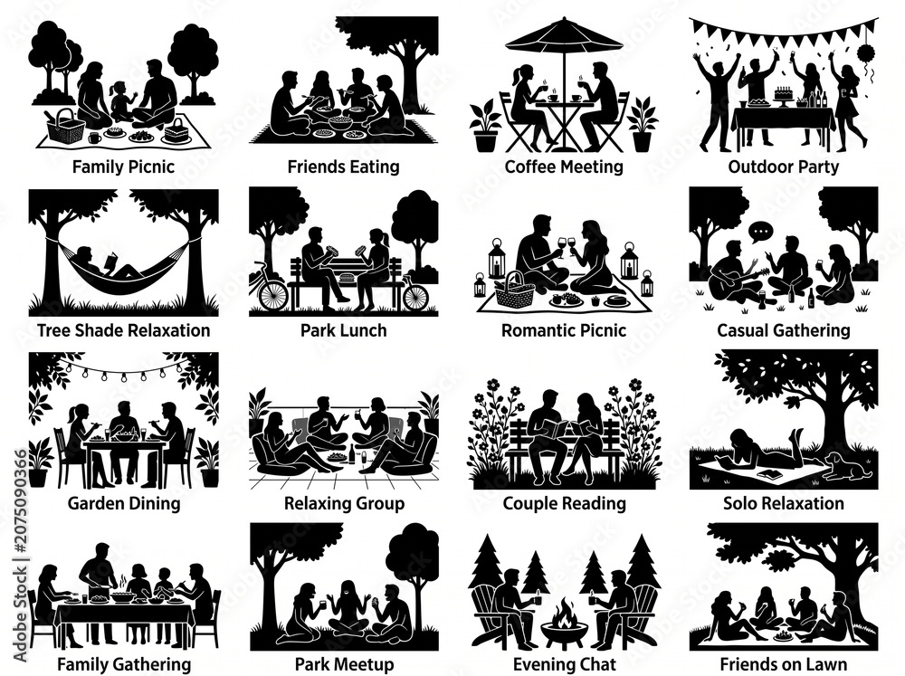Fototapeta premium Set of people silhouette icons enjoying leisure activities outdoors