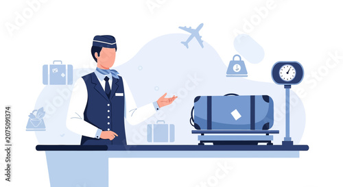Airport baggage handler weighing luggage before flight, travel concept