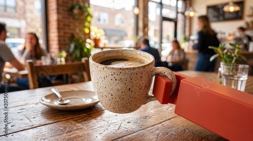 A close-up view of a speckled ceramic coffee mug resting on a wooden table in a busy, sunlit cafe with blurred customers in the background.