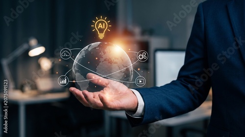 Professional business person holding digital global ai network connection concept with glowing lightbulb icon in dark office environment for strategy